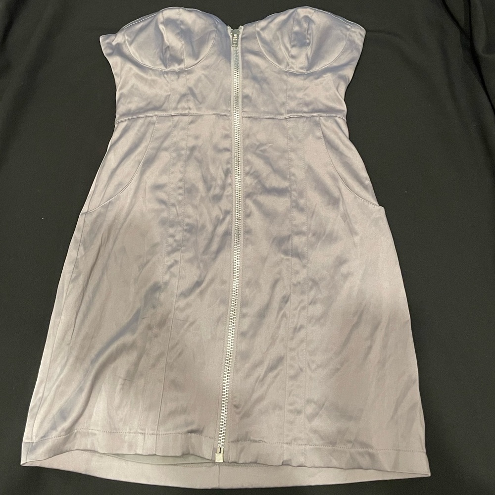 SIZE 13. Strapless silver silky satin feel dress